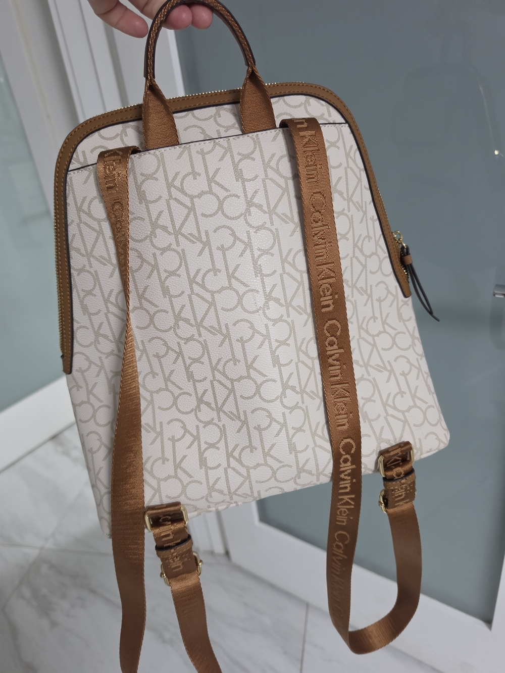 Calvin Klein Cream and Tan Logo Backpack